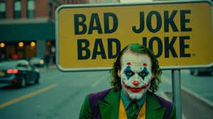 Candid Street photo of Joker hiding behind a sign that says "bad joke"