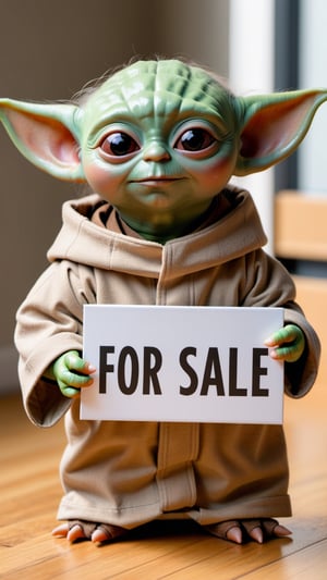 Photo of baby yoda holding a sign that says "for sale"