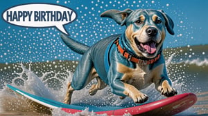 Photo of Blue Labrador surfing with text bubble that says "happy birthday!",IN MATRIX,realistic,ACTION