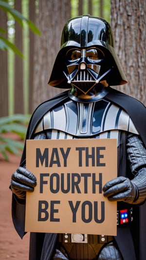 Photo of Darth Vader with a sign that says "May The Fourth Be With You"