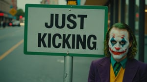 Candid Street photo of Joker hiding behind a sign that says "just kidding"