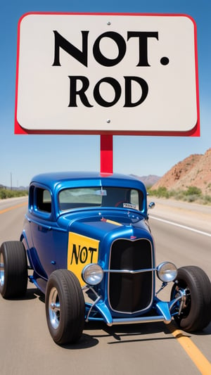 Photo of hot rod with a sign that says "not rod"