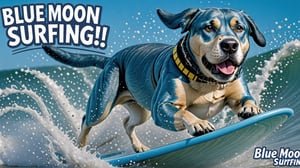 Photo of Blue Labrador surfing with text bubble that says "blue moon surfing!",IN MATRIX,realistic,ACTION