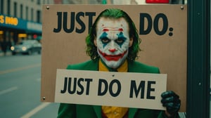 Candid Street photo of Joker hiding behind a sign that says "just do me"