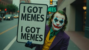 Candid Street photo of Joker hiding behind a sign that says "I got memes"
