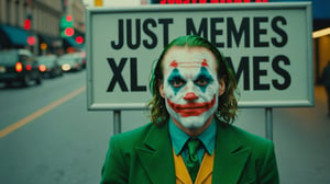 Candid Street photo of Joker hiding behind a sign that says "just Memes XL"