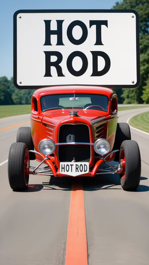 Photo of hot rod with a sign that says "hot rod"