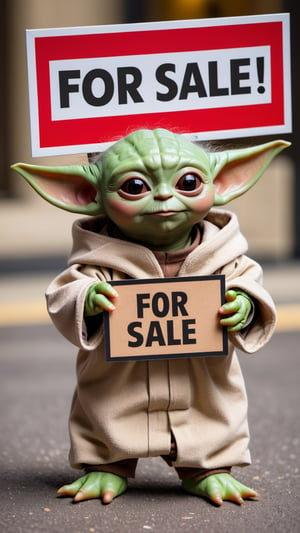 Photo of baby yoda holding a sign that says "for sale"