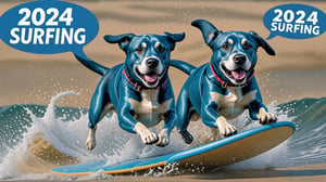 Photo of Blue Labrador surfing with text bubble that says "2024 surfing!",IN MATRIX,realistic,ACTION