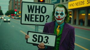 Candid Street photo of Joker hiding behind a sign that says "who needs sd3?"