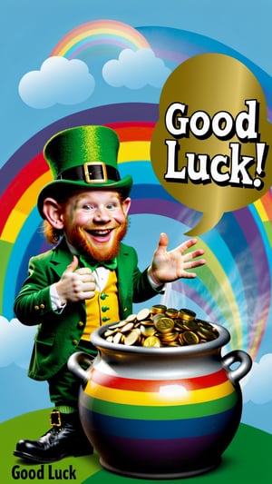Photo of a leprechaun and a pot of gold at the end of a rainbow with a text bubble that says "good luck"