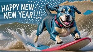Photo of Blue Labrador surfing with text bubble that says "happy new year!",IN MATRIX,realistic,ACTION
