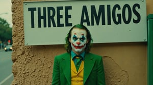Candid Street photo of Joker hiding behind a sign that says "three amigos"