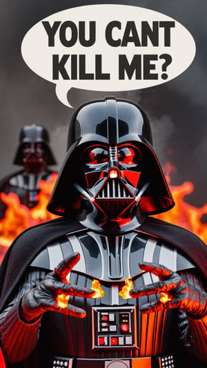 Photo of Darth Vader in lava with text bubble that says "You Cant Kill Me"