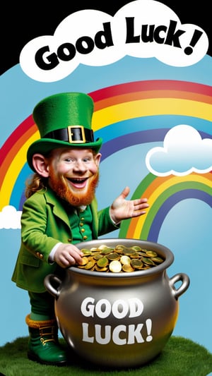 Photo of a leprechaun and a pot of gold at the end of a rainbow with a text bubble that says "good luck"