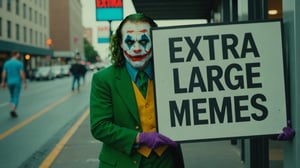 Candid Street photo of Joker hiding behind a sign that says "extra large memes"