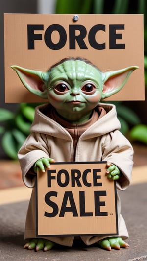 Photo of baby yoda holding a sign that says "force sale"