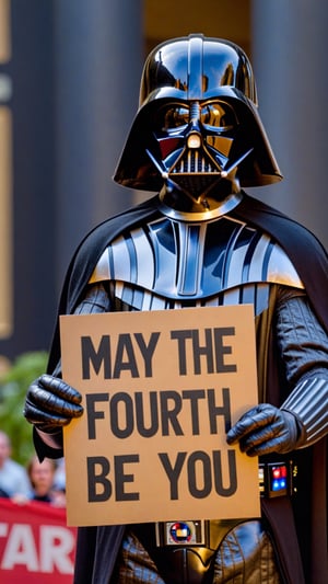 Photo of Darth Vader with a sign that says "May The Fourth Be With You"