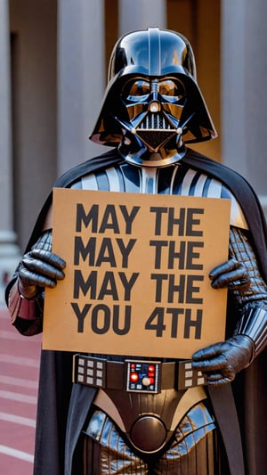 Photo of Darth Vader with a sign that says "May The 4th You"
