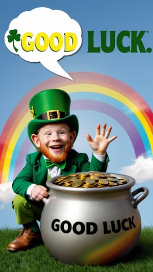 Photo of a leprechaun and a pot of gold at the  end of a rainbow with a text bubble that says "good luck"