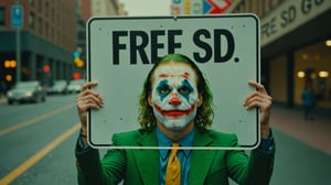Candid Street photo of Joker hiding behind a sign that says "free sd3"
