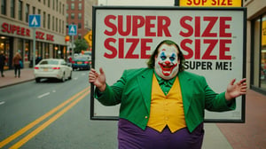 Candid Street photo of obese Joker hiding behind a sign that says "super size me"