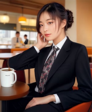 Hyper-Realistic photo of a girl sitting in a cafe,20yo,1girl,Sean Young \(Blade Runner\),perfect female form,perfect body proportion,mysterious,perfect anatomy,(elegnt black suit and shirt and tie:1.3),detailed exquisite face,soft shiny skin,brown eyes,lips,cigarette,mesmerizing,detailed black updo hair,upper body,Prada bag,ocean view,table,coffee mug
BREAK
(rule of thirds:1.3),perfect composition,studio photo,trending on artstation,(Masterpiece,Best quality,32k,UHD:1.4),(sharp focus,high contrast,HDR,hyper-detailed,intricate details,ultra-realistic,award-winning photo,ultra-clear,kodachrome 800:1.3),(volumetric lighting:1.3),photo_b00ster, real_booster,art_booster,lady