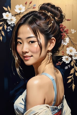 acrylic and line painting of a portrait a beautiful japanese  lady mid-turn, bebd back,, slightly smiling, hair in bun, background adorned with dried flowers, dim lit.,chans