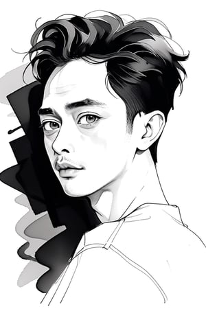 masterpiece, best quality, 1male,Artistic, 45 years old  man,linear hatching,chiaroscuro,sketch,Rough strokes,white background,blurred ink,charcoal, Monochrome,grayscale,looking at viewer,datailed eyes,charcoal \(medium\),look back,pale colors,wongapril