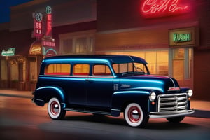luxury, 1952 GMC suburban CaryAll, riding, neon, street, midnight, scene, action, rush, speed, cinematic, realisticm