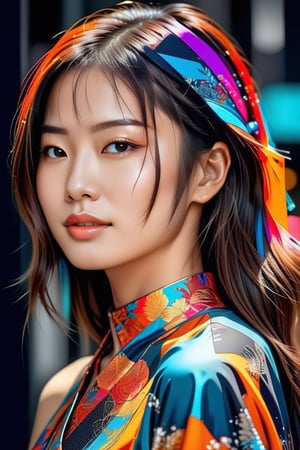 a half body portrait,Highly detailed, High Quality, Masterpiece, beautiful, FISideRight, 1Japanese girl, solo, ((best quality)), ((masterpiece)), (detailed), perfect face, abstract beauty, Create a digital art work in pop art style, luxury elegance bold with hint of feminine, happy & , authentic, brave,  centered, key visual, intricate, highly detailed, breathtaking beauty, precise lineart, vibrant, comprehensive cinematic, Carne Griffiths, Conrad Roset, vector art, Colorful graffiti illustration, (the most beautiful portrait in the world:1.5),chan-wong,photo_b00ster,chans