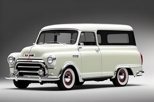 retro concept, key car version of GMC 1952 Suburban, mini wagon, 4 passenger, modern boxy design, techno, realistic, detail, techno background white best lighting, front view angle