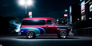 full modified, red doff, 1952 GMC Suburban CaryAll,  races in the midnight of shibuya street,  wheels are spinning with smoke, motion blur, long distance drifting, poster composition,  blue neon light effect on the bottom of car, black rim,  hot wheels style, midnight,  dark night, low key,  cool, aesthetic, full car in frame, full car picture, drift, highly detailed, 8k, 1000mp, ultra sharp, master piece, realistic, detailed grills, detailed headlights, 4k grill, 4k headlight,monochrome