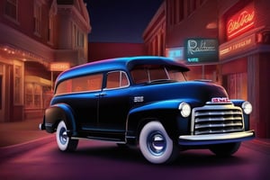 luxury, 1952 GMC suburban CaryAll, riding, neon, street, midnight, scene, action, rush, speed, cinematic, realisticm