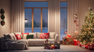 (Hyper-realistic, hight resolution), (Best Quality:1.4), Raw photo, (Realistic, Photo realsitic:1.37), Professional Photography, lovely living room decorated with Christmas decorations, extremely detailed, rosy cheeks, happiness, christmas spirit, There is a lot of snow outside the window, night, cozy,indochine bedroom interior,Nature