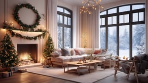 (Hyper-realistic, hight resolution), (Best Quality:1.4), Raw photo, (Realistic, Photo realsitic:1.37), Professional Photography, lovely living room decorated with Christmas decorations, extremely detailed, rosy cheeks, happiness, christmas spirit, There is a lot of snow outside the window, night, cozy,indochine bedroom interior,Nature
