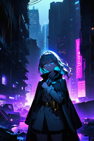 An older female detective stands in a dystopian urban setting at night, amidst dirt and ruins. She wears a modern uniform with a cloak, hands hidden inside. It’s raining lightly. She has short, graying hair and her eyes glow a vivid cyan. A high-tech gun with glowing cyan elements is attached to her body. The cyan light from her eyes and weapon reflects off her serious, focused face. The futuristic cityscape in the background enhances the atmosphere. Emphasize the glow of her eyes and weapon, and how the light illuminates her face and body. Purple light, cyan light,