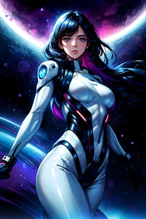 Produce a dynamic sci-fi scene featuring a female space explorer floating weightlessly in the vast expanse of outer space, her sleek spacesuit adorned with glowing neon accents. Behind her, a swirling galaxy stretches out into infinity, punctuated by distant stars and celestial phenomena.