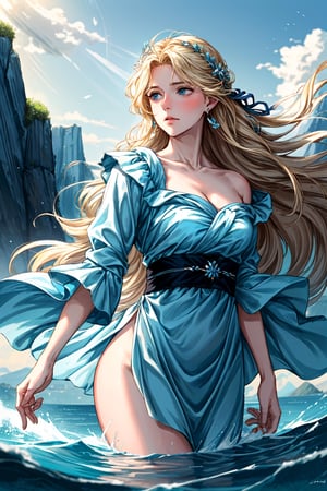 Craft a mesmerizing digital portrait of a young woman with piercing blue eyes, standing atop a windswept cliff overlooking a majestic fjord. Her long, flowing blonde hair billows in the breeze as she gazes out at the shimmering waters below, her expression a mix of determination and contemplation.,nodf_lora