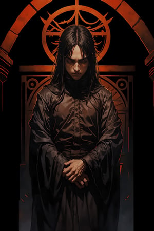 Itachi Uchiha is standing in a dark room, wearing a black suit and a red tie. He has his hands folded in front of him, and his head is slightly bowed. His eyes are closed, and he has a pensive expression on his face. The background is dark, with only a few details visible. There are two paintings on the wall behind him, and a dark red curtain on the left side of the image. Itachi is illuminated by a single light source, which is coming from the right side of the image. This light is creating a dramatic effect, and it is highlighting Itachi's face and his clothing. The overall tone of the image is dark and mysterious, and it is clear that Itachi is in a serious mood.,nodf_lora