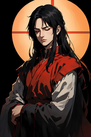 Itachi Uchiha is standing in a dark room, wearing a black suit and a red tie. He has his hands folded in front of him, and his head is slightly bowed. His eyes are closed, and he has a pensive expression on his face. The background is dark, with only a few details visible. There are two paintings on the wall behind him, and a dark red curtain on the left side of the image. Itachi is illuminated by a single light source, which is coming from the right side of the image. This light is creating a dramatic effect, and it is highlighting Itachi's face and his clothing. The overall tone of the image is dark and mysterious, and it is clear that Itachi is in a serious mood.,nodf_lora,Detailedface,best quality,pixel art,comic book