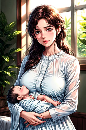 Craft a heartwarming scene of a mother tenderly cradling her newborn baby in a cozy nursery, bathed in soft diffused light streaming through the window. The mother's face is suffused with love and tenderness as she gazes down at her precious bundle of joy, their bond unbreakable and pure.,big breasts