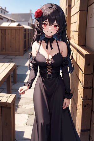 best quality, (masterpiece:1.2), ultra detailed, high resolution, medieval, 1girl, Celica Arfonia, female_solo, closed mouth, black hair, long hair, red eyes, red rose, hair flower, black dress, choker, black ribbon, cleavage, medium breasts, standing, looking at the viewer, outdoors, day, grin, 