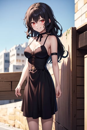 best quality, (masterpiece:1.2), ultra detailed, high resolution, medieval, 1girl, Celica Arfonia, female_solo, closed mouth, black hair, medium hair, red eyes, black dress, choker, black ribbon, cleavage, medium breasts, standing, looking at the viewer, outdoors, day, grin, 