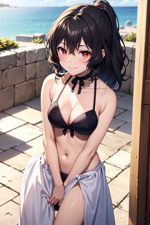 best quality, (masterpiece:1.2), ultra detailed, high resolution, medieval, 1girl, Celica Arfonia, female_solo, closed mouth, black hair, long hair, red eyes, black bikini, choker, black ribbon, cleavage, medium breasts, standing, looking at the viewer, outdoors, day, grinning, 