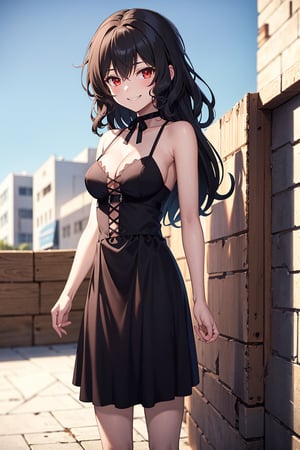best quality, (masterpiece:1.2), ultra detailed, high resolution, medieval, 1girl, Celica Arfonia, female_solo, closed mouth, black hair, medium hair, red eyes, black dress, choker, black ribbon, cleavage, medium breasts, standing, looking at the viewer, outdoors, day, grin, 