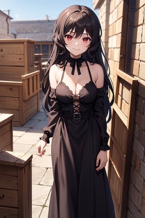 best quality, (masterpiece:1.2), ultra detailed, high resolution, medieval, 1girl, Celica Arfonia, female_solo, closed mouth, black hair, long hair, red eyes, black dress, choker, black ribbon, cleavage, medium breasts, standing, looking at the viewer, outdoors, day, grinning, 