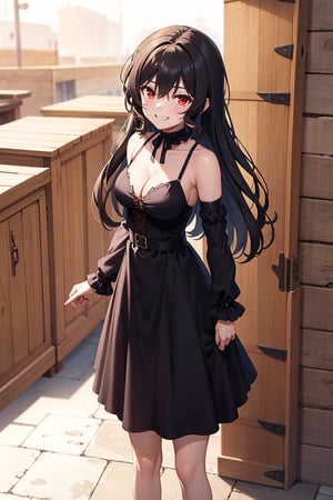 best quality, (masterpiece:1.2), ultra detailed, high resolution, medieval, 1girl, Celica Arfonia, female_solo, closed mouth, black hair, long hair, red eyes, black dress, choker, black ribbon, cleavage, medium breasts, standing, looking at the viewer, outdoors, day, grin, 