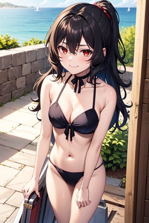 best quality, (masterpiece:1.2), ultra detailed, high resolution, medieval, 1girl, Celica Arfonia, female_solo, closed mouth, black hair, long hair, red eyes, black bikini, choker, black ribbon, cleavage, medium breasts, standing, looking at the viewer, outdoors, day, grinning, 