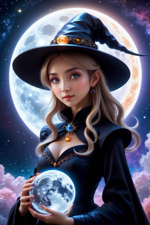 (Masterpiece, award winning, professional, highly detailed), centered, medium shot, full body, anime style, illustration, stylized, oil painting, witch girl, cute, cuddling, holding moon, space planetary background, magical array, fractal art, hyper maximalism, (epic composition, epic proportion, surrealism), vibrant color, natural lighting, depth of field, HD, 64K, panoramic,
